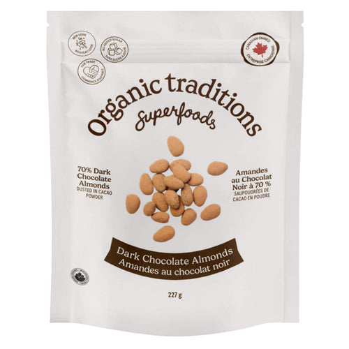 Package of Organic Traditions Dark Chocolate Covered Almonds 227g