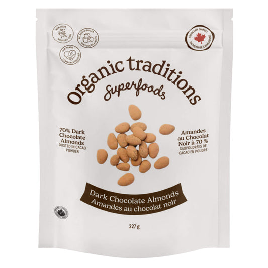 Package of Organic Traditions Dark Chocolate Covered Almonds 227g