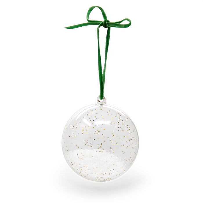Clear fillable ornament with glitter and a green ribbon bow – ella+mila DIY Ornament