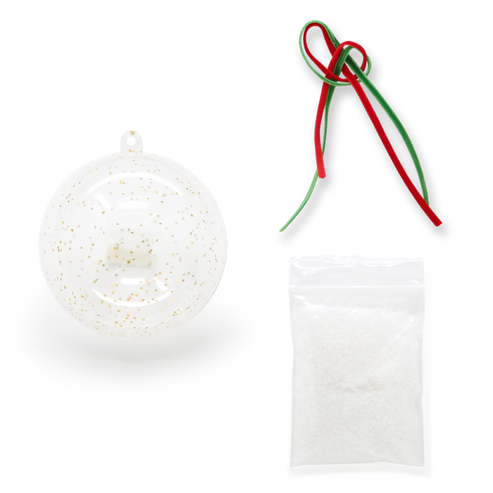 DIY ornament kit: clear ornament, red and green ribbons and a bag of glitter