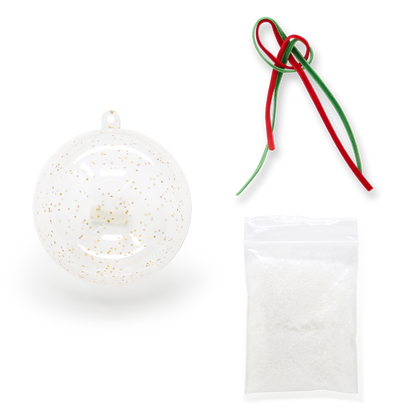 DIY ornament kit: clear ornament, red and green ribbons and a bag of glitter