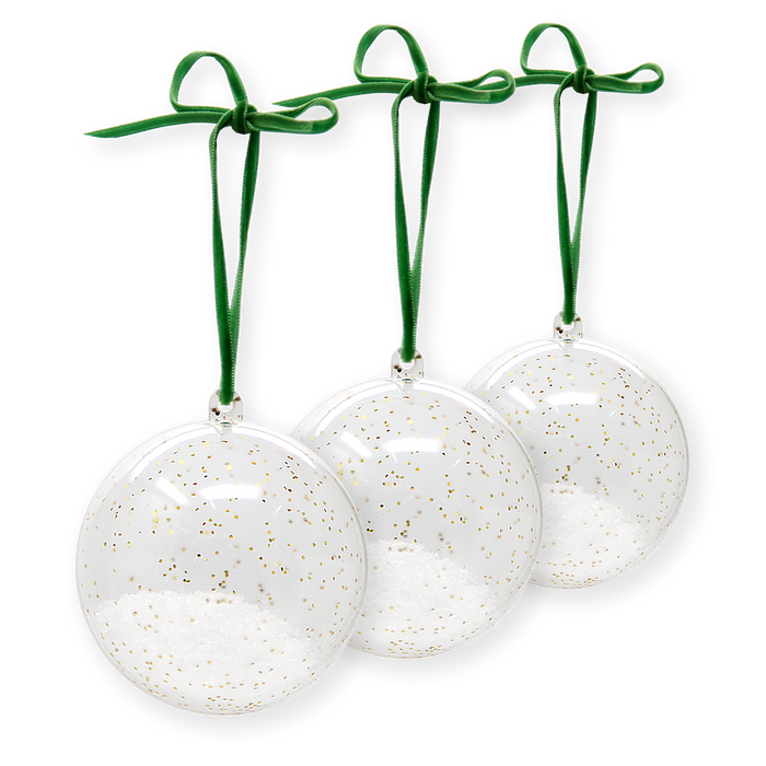 Three clear glitter DIY ornaments with green ribbon bows