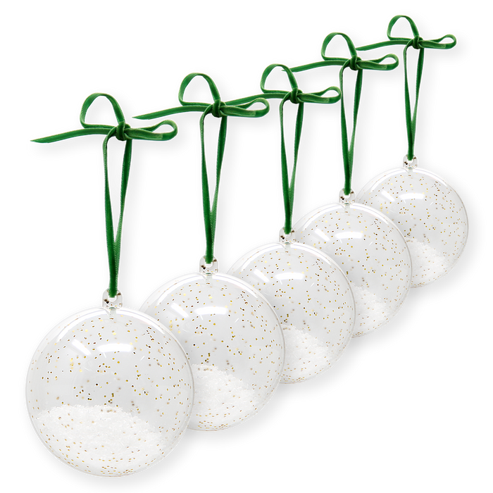 Five clear glitter DIY ornaments with green ribbon bows