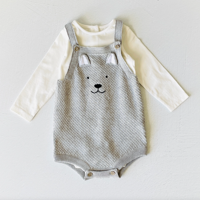 Dog Embroidered Sweater Knit Baby Overall Romper + Bodysuit Set (Organic)