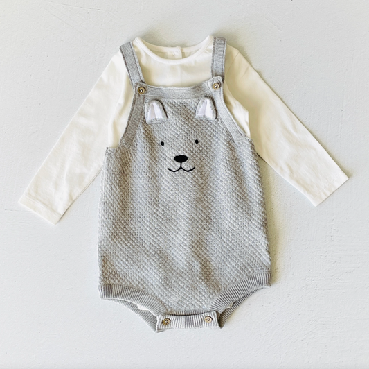 Dog Embroidered Sweater Knit Baby Overall Romper + Bodysuit Set (Organic)