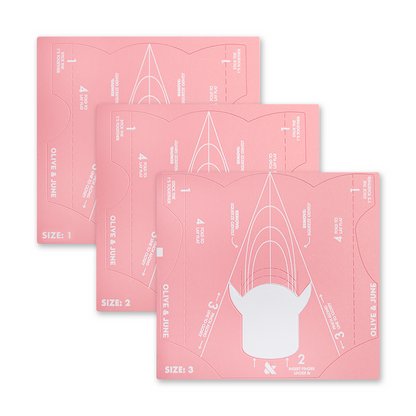 Easy Fit Nail Forms Pack with three sizes of pink nail sculpting guides for natural nail extensions by Olive and June