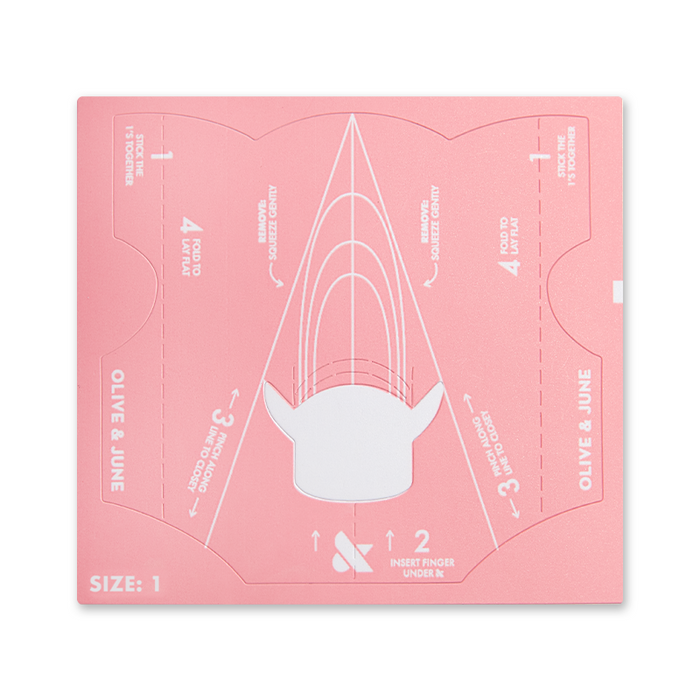 Single pink Easy Fit Nail Forms Pack sheet with white guiding lines and instructions for natural nail extensions by Olive and June