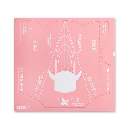 Single pink Easy Fit Nail Forms Pack sheet with white guiding lines and instructions for natural nail extensions by Olive and June