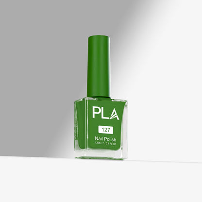 Green nail polish bottle with 'PLA' branding on a gray background