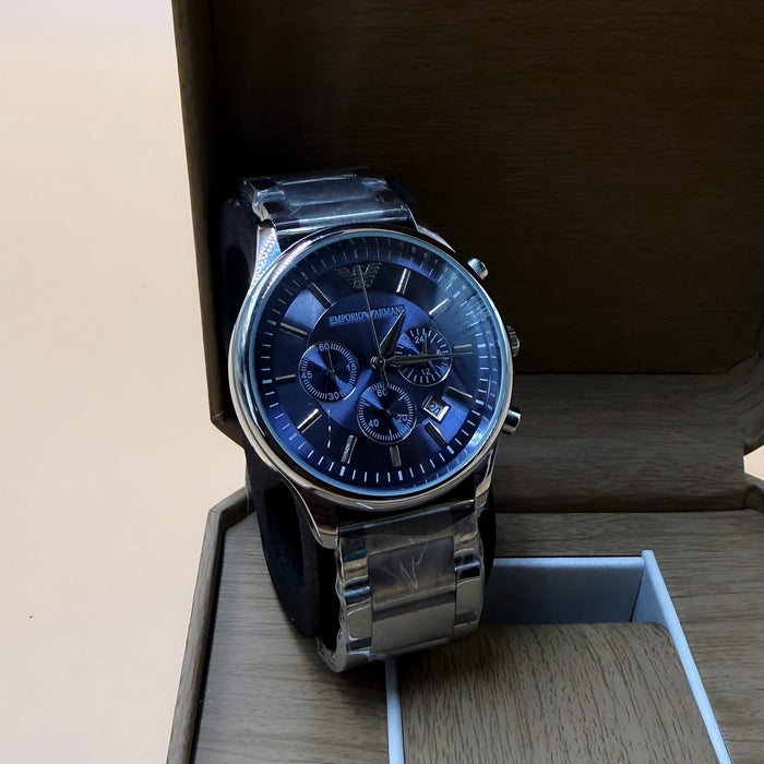 Emporio Armani AR2448 Men's Chronograph Wristwatch - Blue Dial & Silver Stainless Steel