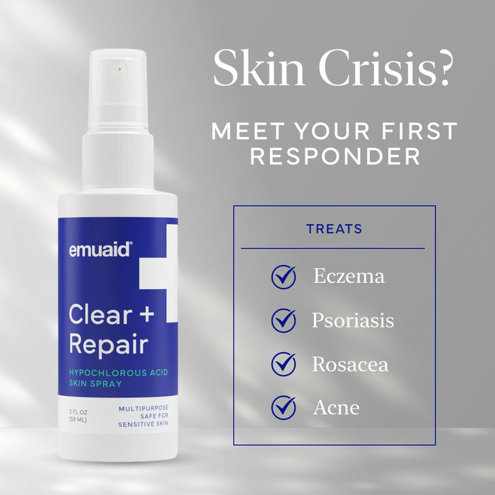 Emuaid Clear + Repair skin spray with text on a gray background