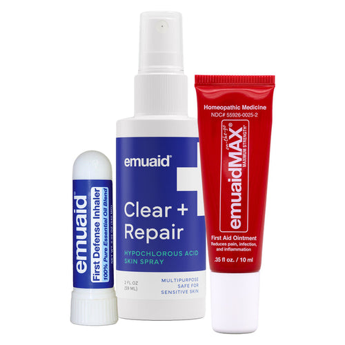 Collection of Emuaid skincare products including spray, ointment, and inhaler on a white background