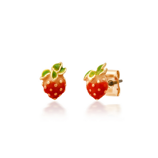 Enamel strawberry stud earrings with red fruit, green leaves, and gold-tone post backs