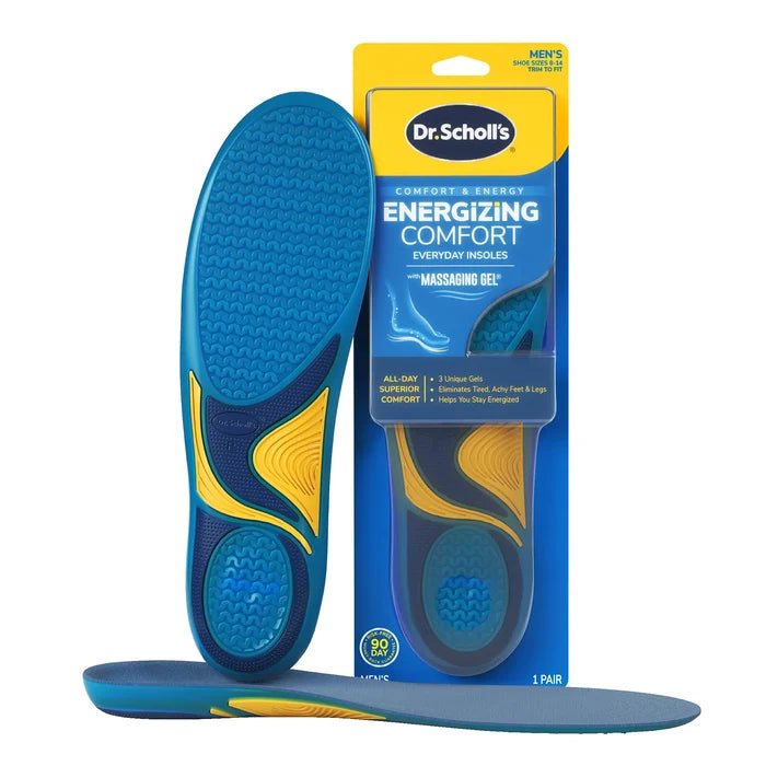 Energizing Comfort with Massaging Gel® Insoles by DrScholls shown with blue and yellow full length insoles and retail packaging for everyday foot comfort