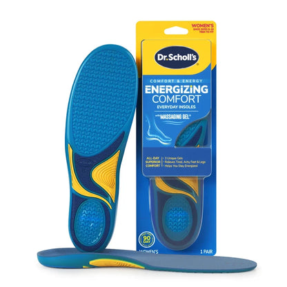 DrScholls Energizing Comfort with Massaging Gel® Insoles shown as blue full length insoles with retail packaging for everyday comfort and foot fatigue relief