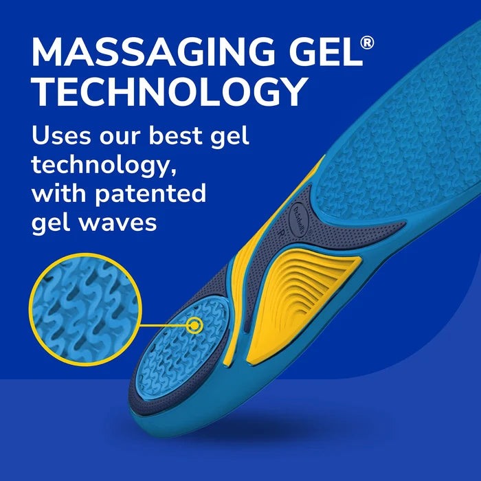 Energizing Comfort with Massaging Gel® Insoles by DrScholls featuring a cutaway view of patented gel waves and cushioning technology for tired feet