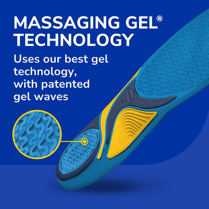 Energizing Comfort with Massaging Gel® Insoles by DrScholls featuring a cutaway view of patented gel waves and cushioning technology for tired feet