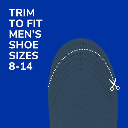 Energizing Comfort with Massaging Gel® Insoles by DrScholls showing trim lines and scissors for fitting men's shoe sizes 8 to 14