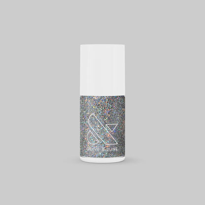 Olive and June Exclamation Point holographic silver glitter nail polish bottle for long-lasting at home mani or pedi