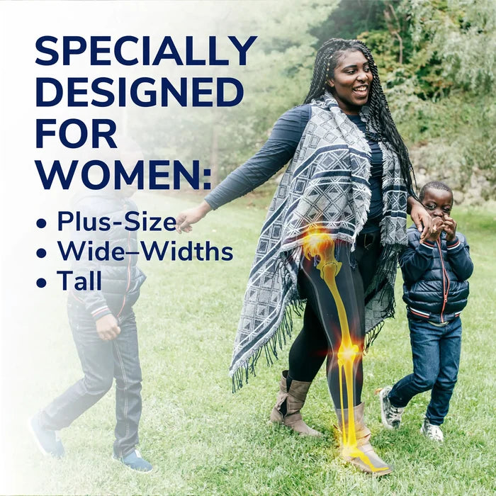 Promotional graphic for Extra Support insoles for women with family walking scene