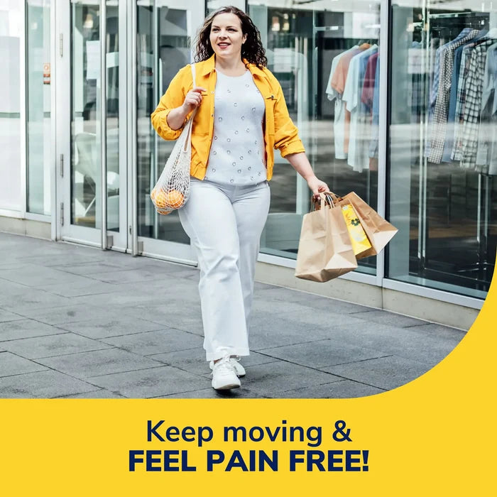 Extra Support insoles comfort claim on shopping lifestyle graphic with standing woman
