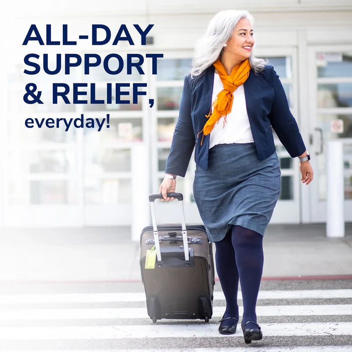 All-day support promotional graphic featuring woman walking and Extra Support insoles