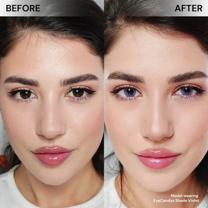 Side-by-side comparison of a woman's face: left shows her natural brown eyes (Before); right shows her wearing EyeCandys Shade Violet Purple contacts, highlighting the transformation. Text: "Model wearing EyeCandys Shade Violet Purple.