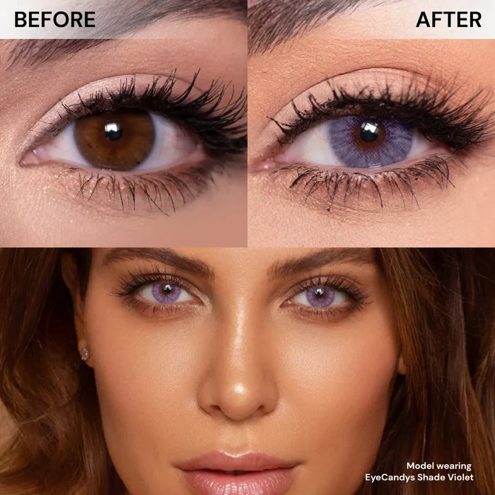 Split image: close-up of a brown eye labeled "Before" and a blue-violet eye labeled "After." Below, a woman wears EyeCandys Shade Violet Purple colored contacts. Text: "Model wearing EyeCandys Shade Violet Purple.