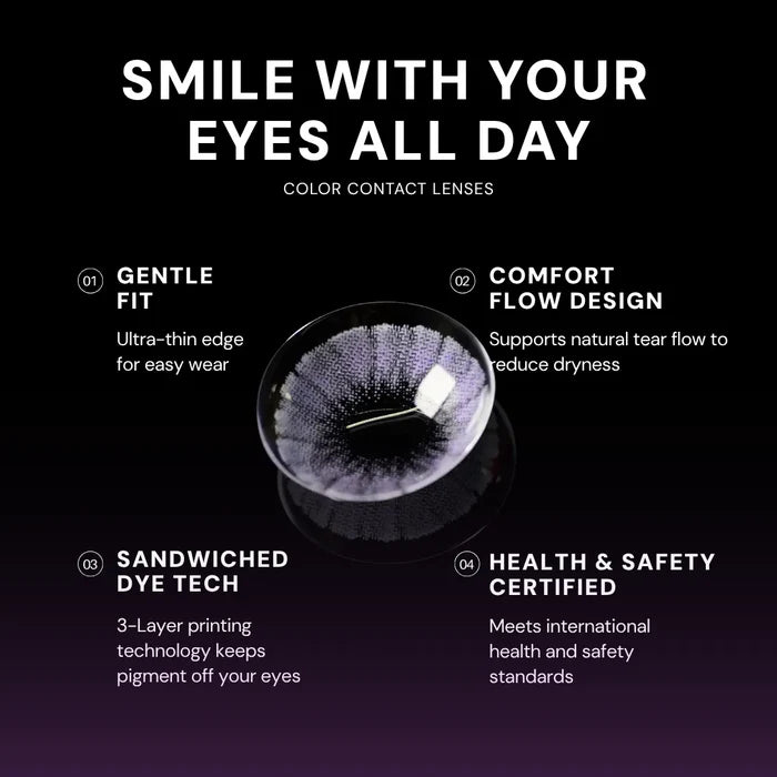 A promo image for EyeCandys Shade Violet Purple colored contacts highlights gentle fit, Comfort Flow design, sandwiched dye tech, and health & safety certification, featuring a close-up of the violet lens in the center.