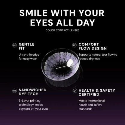 A promo image for EyeCandys Shade Violet Purple colored contacts highlights gentle fit, Comfort Flow design, sandwiched dye tech, and health & safety certification, featuring a close-up of the violet lens in the center.
