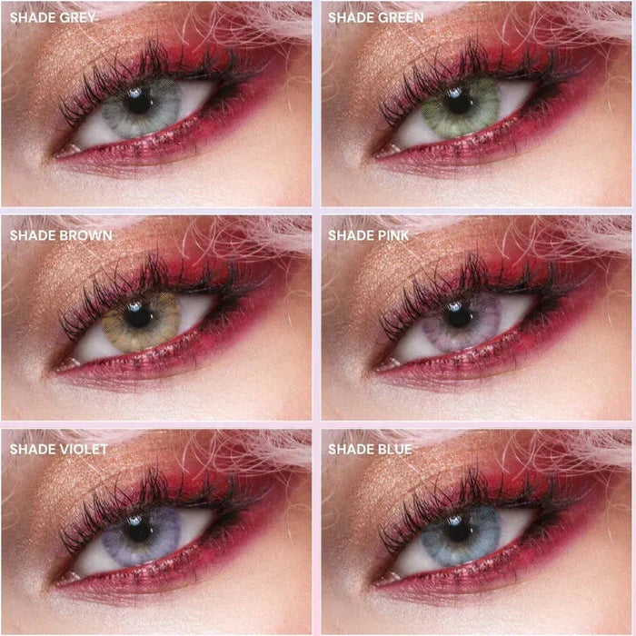 Six close-up images of eyes with bold red and pink makeup, each featuring EyeCandys Shade Violet Purple colored contacts for dark eyes or other vibrant hues—grey, green, brown, pink, violet, and blue. Brand: EyeCandys.