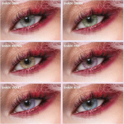 Six close-up images of eyes with bold red and pink makeup, each featuring EyeCandys Shade Violet Purple colored contacts for dark eyes or other vibrant hues—grey, green, brown, pink, violet, and blue. Brand: EyeCandys.