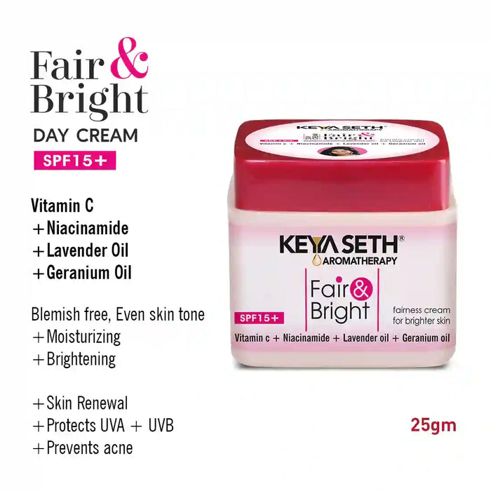 Fair & Bright Day Cream SPF 15+, Skin Brightening & Whitening, with Vitamin C, B3 & B6 Moisturizer with Lavender & Geranium Essential Oil - Keya Seth Aromatherapy