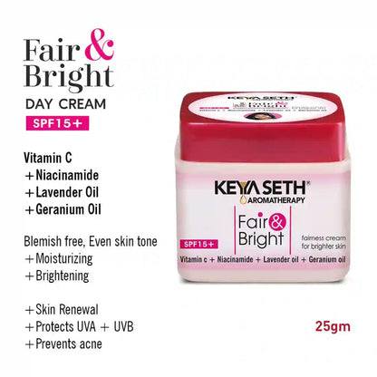 Fair & Bright Day Cream SPF 15+, Skin Brightening & Whitening, with Vitamin C, B3 & B6 Moisturizer with Lavender & Geranium Essential Oil - Keya Seth Aromatherapy