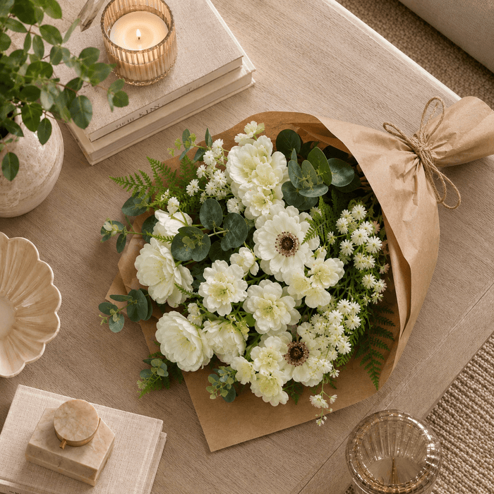 Faux Green & White Floral Wrapped Bouquet Accessories