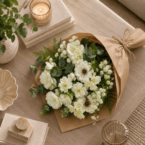Faux Green & White Floral Wrapped Bouquet Accessories