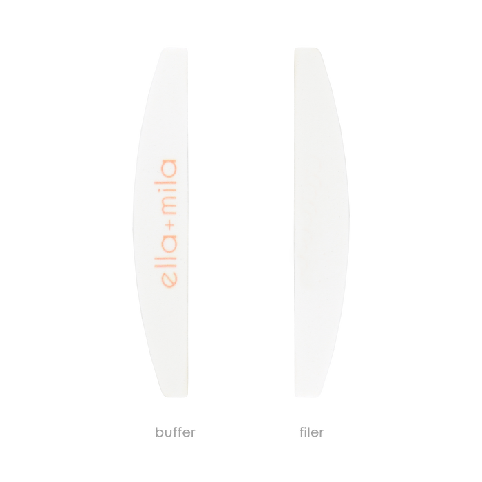 White half-moon nail file and buffer showing both sides