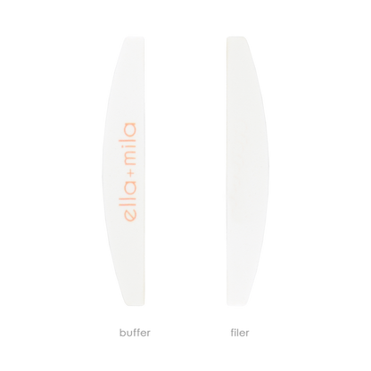 White half-moon nail file and buffer showing both sides