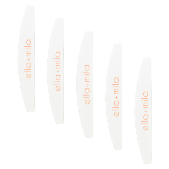 Five white half-moon file buffers fanned out