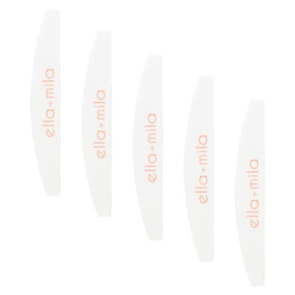Five white half-moon file buffers fanned out
