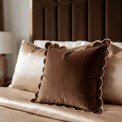 Fiore Brown Velvet Scalloped Edge Cushion Cover with Pink Trim - 45x45cm Textiles