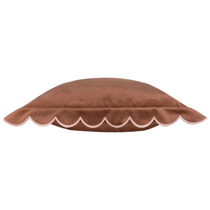 Fiore Brown Velvet Scalloped Edge Cushion Cover with Pink Trim - 45x45cm Textiles