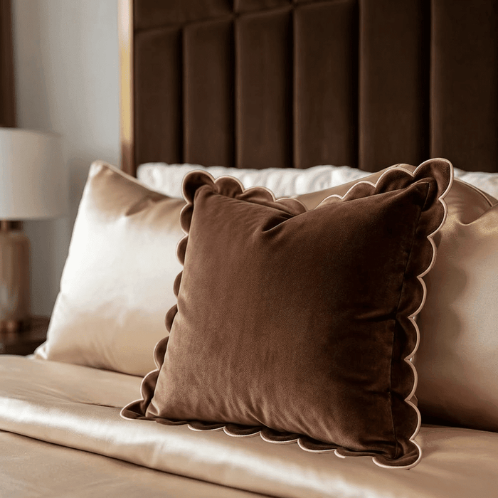 Fiore Brown Velvet Scalloped Edge Feather Filled Cushion with Pink Trim - 45x45cm Textiles