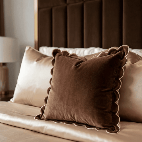 Fiore Brown Velvet Scalloped Edge Feather Filled Cushion with Pink Trim - 45x45cm Textiles