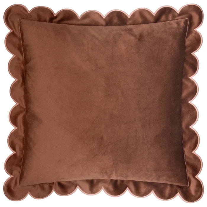 Fiore Brown Velvet Scalloped Edge Feather Filled Cushion with Pink Trim - 45x45cm Textiles