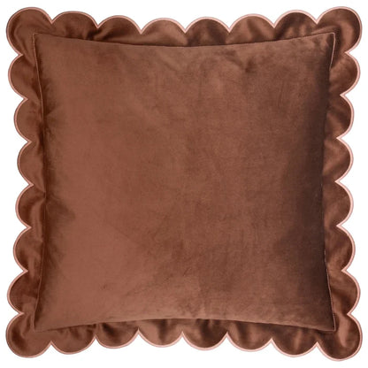 Fiore Brown Velvet Scalloped Edge Feather Filled Cushion with Pink Trim - 45x45cm Textiles