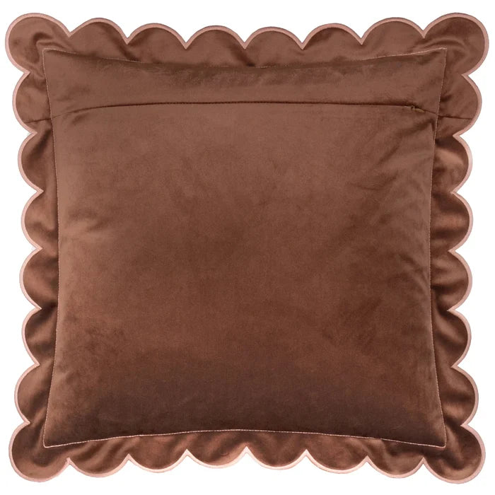 Fiore Brown Velvet Scalloped Edge Feather Filled Cushion with Pink Trim - 45x45cm Textiles