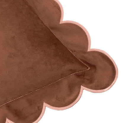 Fiore Brown Velvet Scalloped Edge Feather Filled Cushion with Pink Trim - 45x45cm Textiles