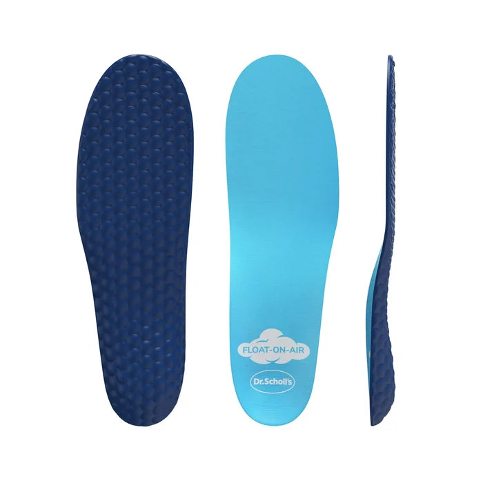 Set of blue insoles: dark textured base, light-blue top, and side profile
