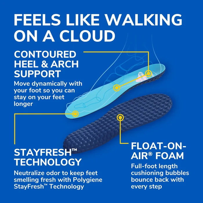 Blue insole side illustration with heel and arch support for full-foot comfort